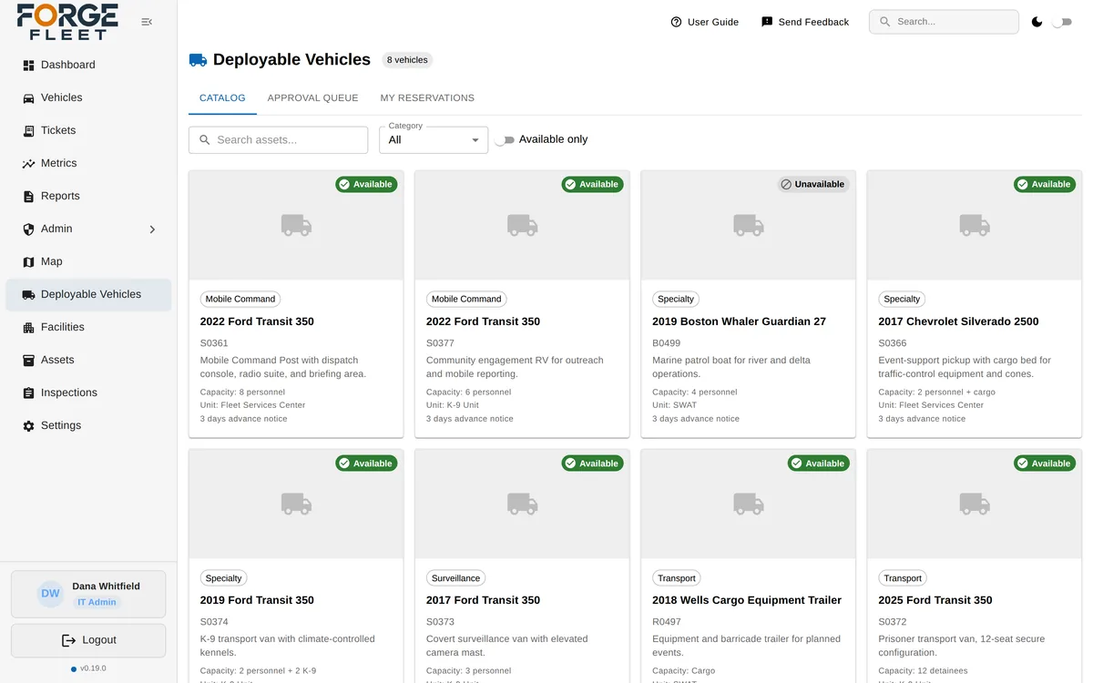 Forge Fleet deployable vehicle catalogue of eight specialty vehicles, including mobile command, K-9 transport, surveillance, prisoner transport, and a marine patrol boat marked unavailable, each with capacity, owning unit, and advance notice