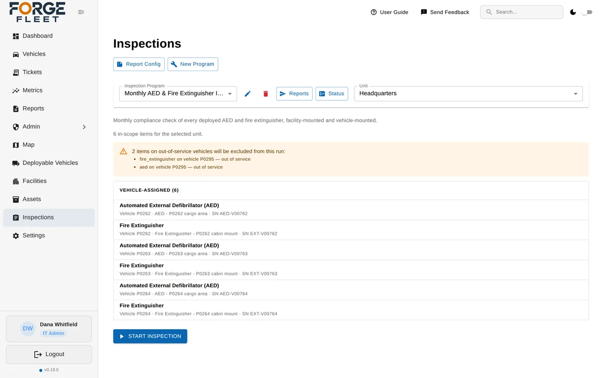 Forge Fleet inspections page showing a monthly AED and fire extinguisher program, its in-scope items, and a notice that items on out-of-service vehicles are excluded