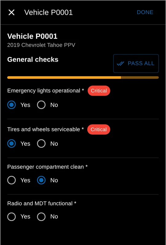 An officer partway through a daily vehicle inspection on a phone: emergency lights and tires passed as critical checks, passenger compartment flagged, radio and MDT still open, with Pass all and Done controls