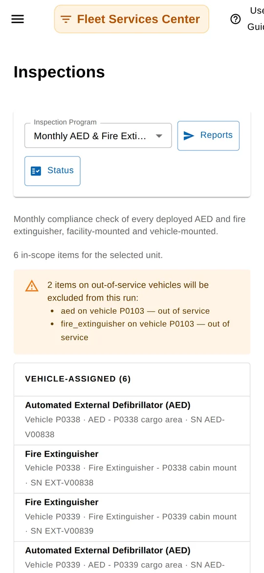The same inspection program on a phone, listing vehicle-assigned AEDs and fire extinguishers