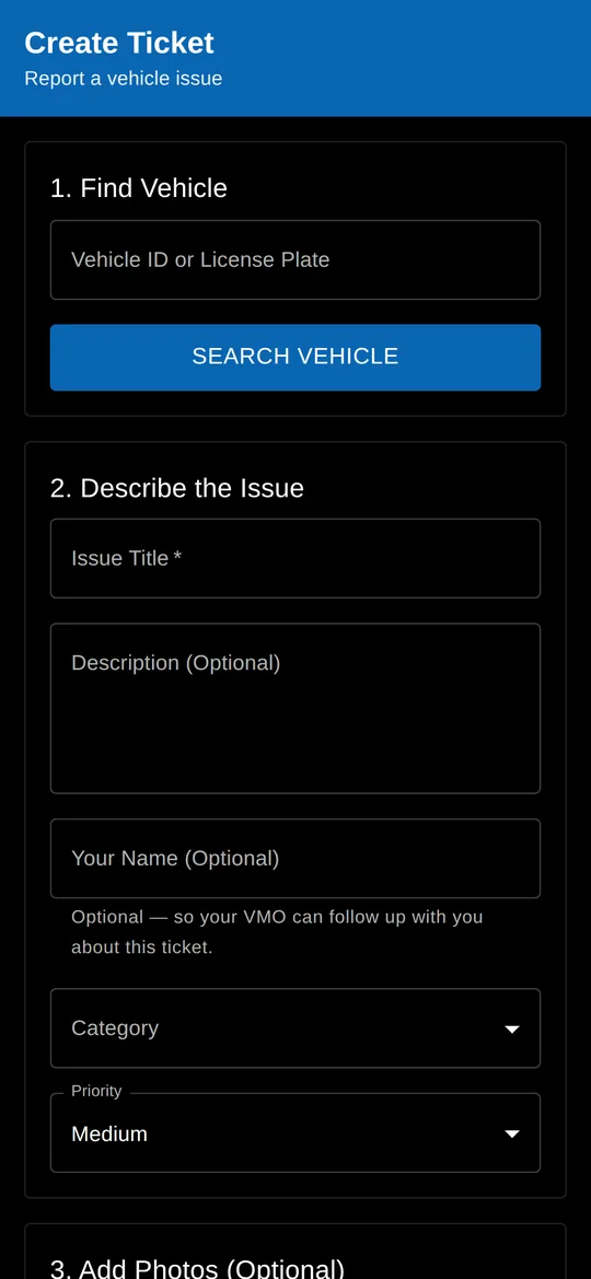 Mobile ticket form opened from a vehicle QR code, with vehicle lookup, issue description, category, and priority fields