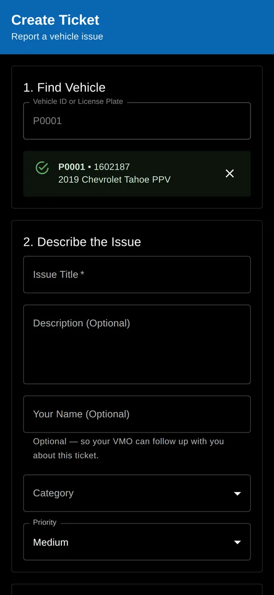Mobile ticket form after a successful vehicle lookup, confirming the vehicle before the issue is described