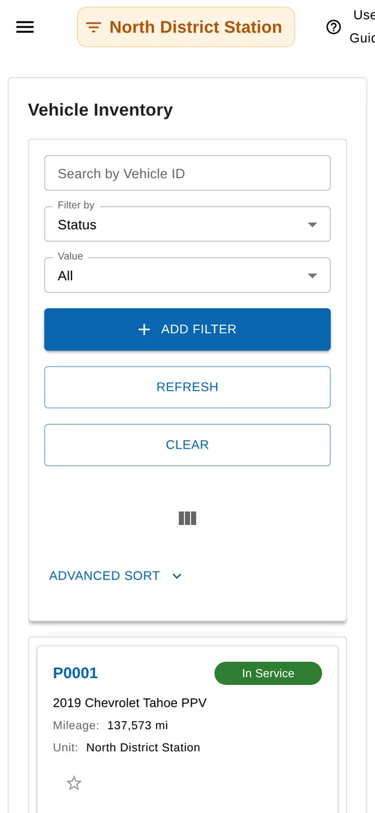 Signed-in mobile vehicle inventory for one district station, showing a vehicle card with status, mileage, and unit