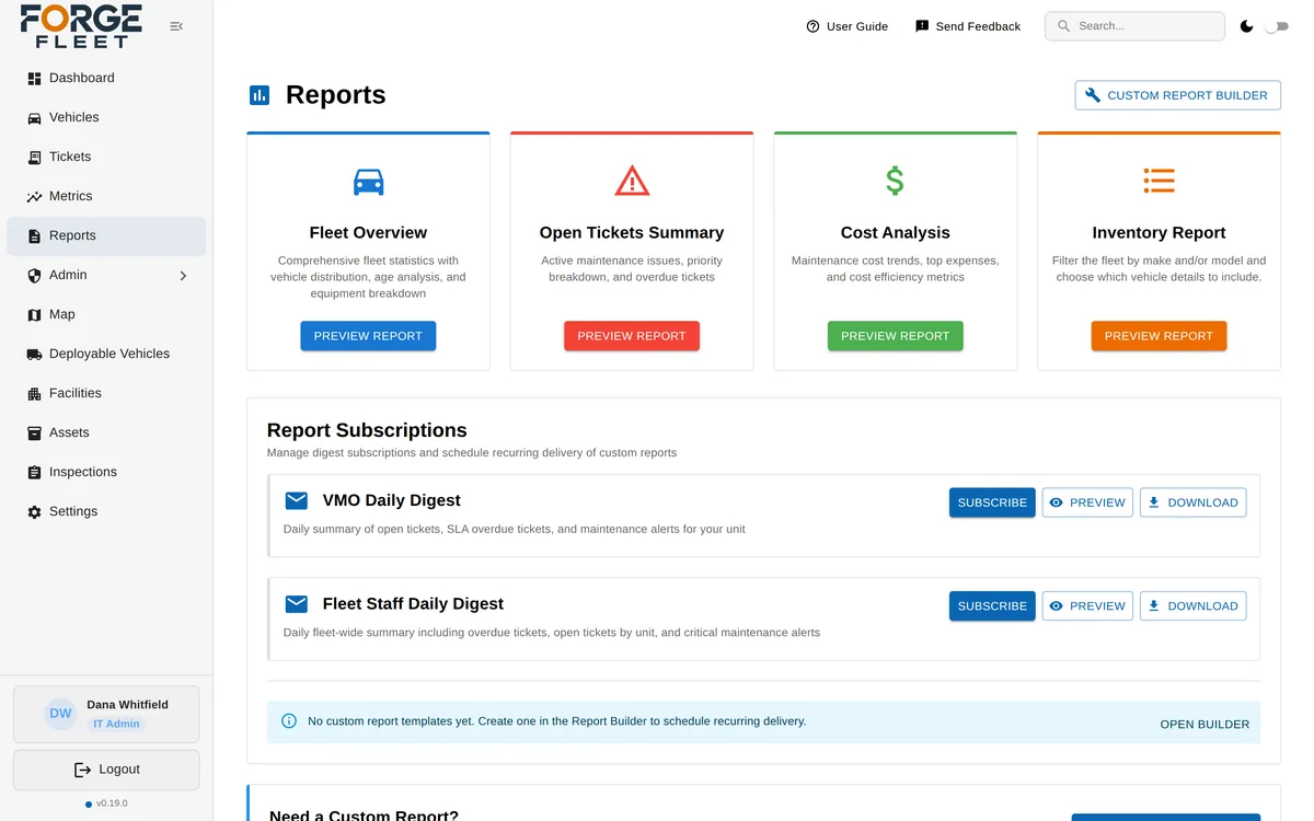 Forge Fleet reports page with fleet overview, open tickets, cost analysis, and inventory reports, and daily digest subscriptions