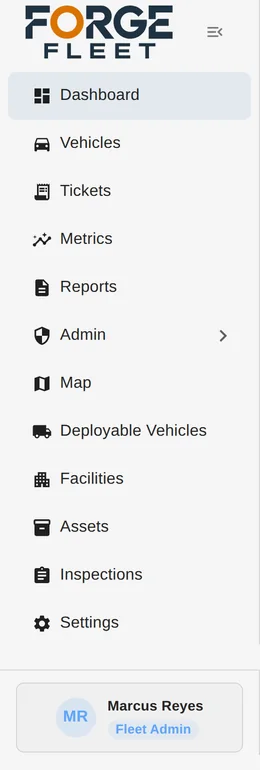 Forge Fleet navigation for a Fleet Admin, the full menu including Map