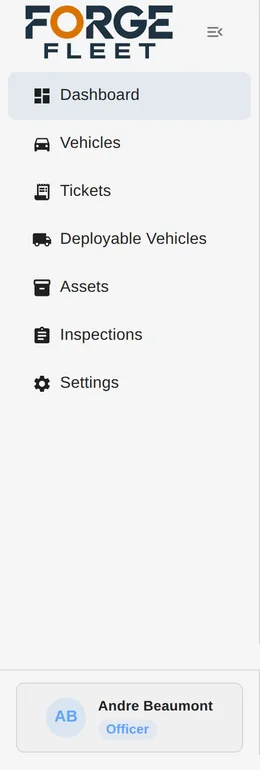Forge Fleet navigation for an Officer: Dashboard, Vehicles, Tickets, Deployable Vehicles, Assets, Inspections, and Settings