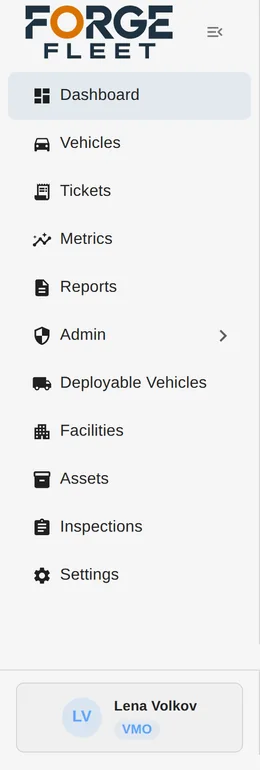 Forge Fleet navigation for a VMO, adding Metrics, Reports, Admin, and Facilities to the officer menu