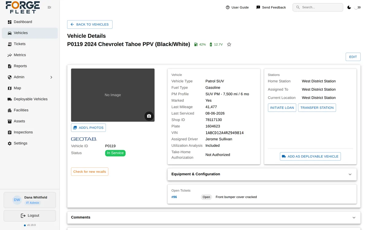 Forge Fleet vehicle record for a 2024 Tahoe PPV: in service, vehicle type, fuel type, PM profile, last mileage and service date, assigned driver, home station and current location, live fuel and battery readings, and its open ticket
