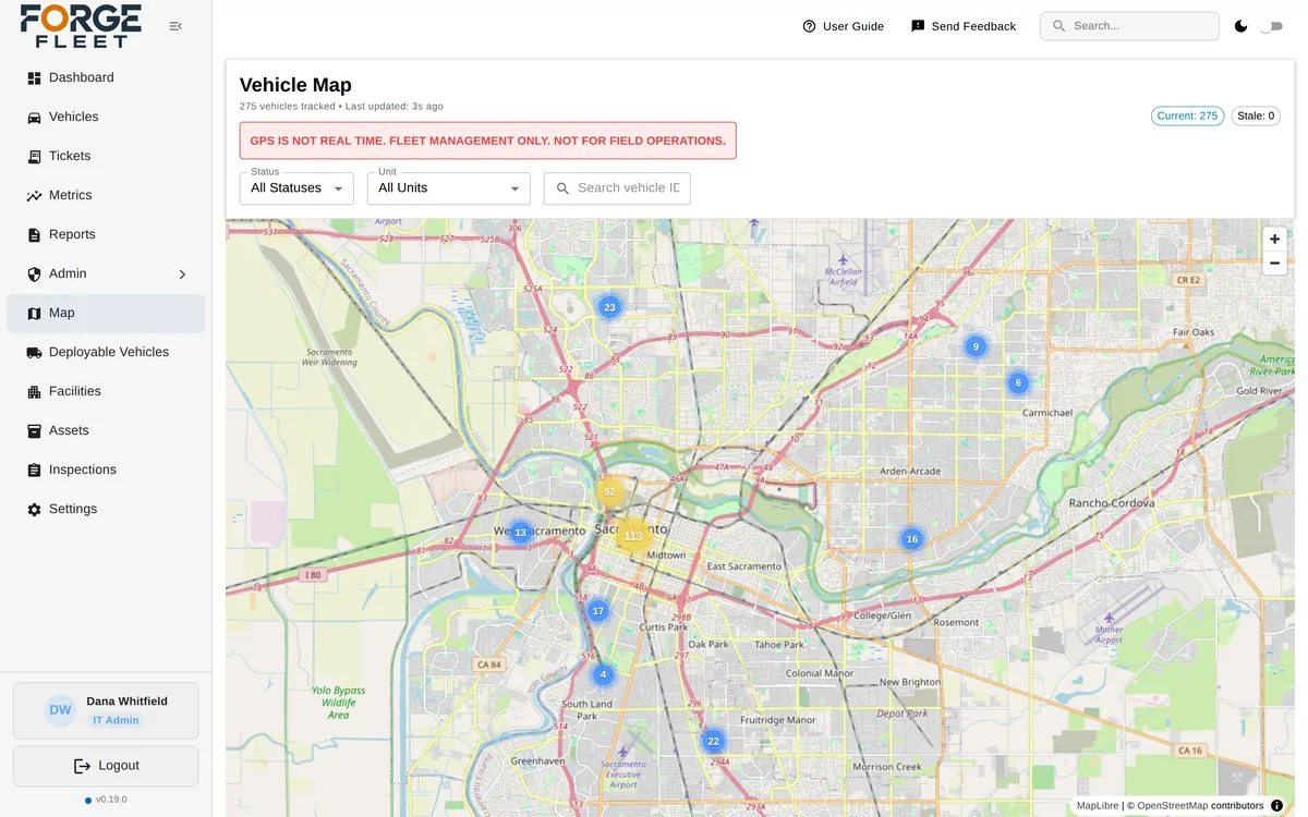 Forge Fleet vehicle map showing clustered live vehicle positions across a metro area, with status and unit filters